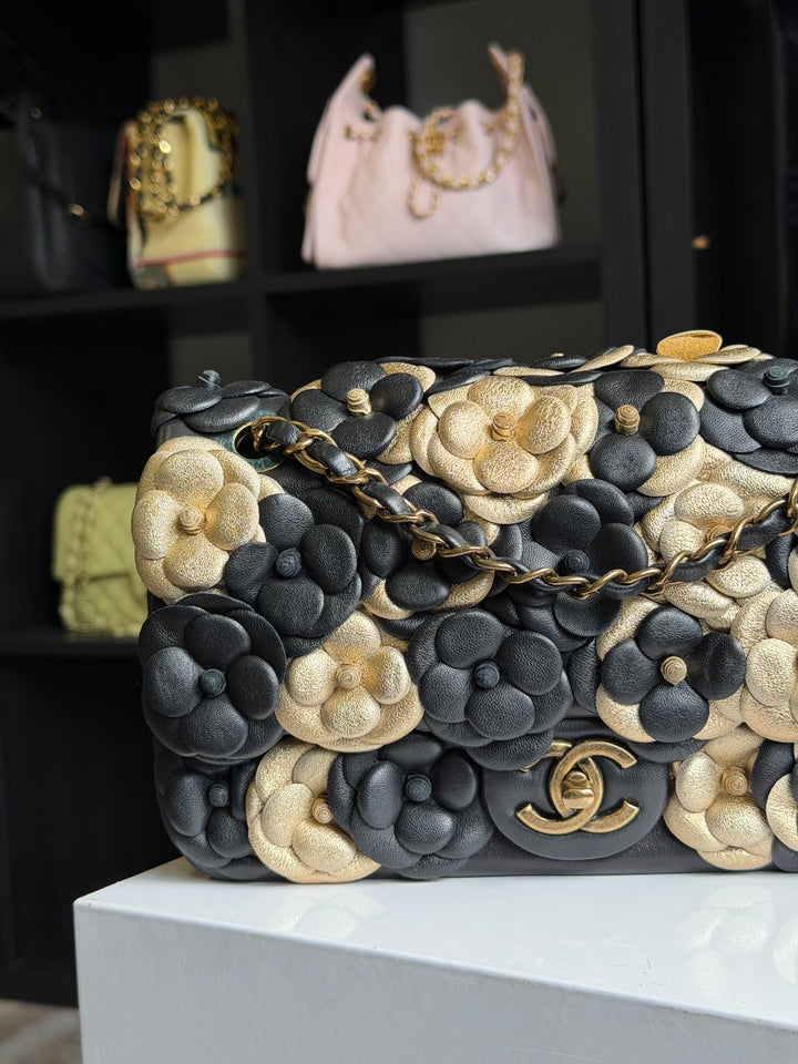 Chanel Metallic Gold and Black Lambskin Camellia Rose Appliqué Medium Flap Bag