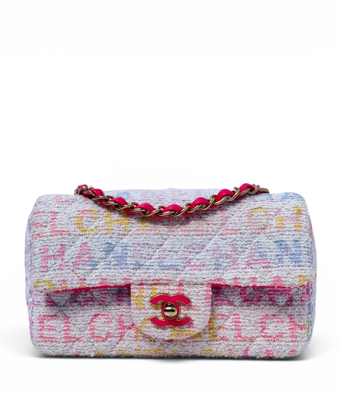 Chanel Mini Rectangular Classic Flap Bag Multicolor Logo Tweed Light Gold Hardware 2024