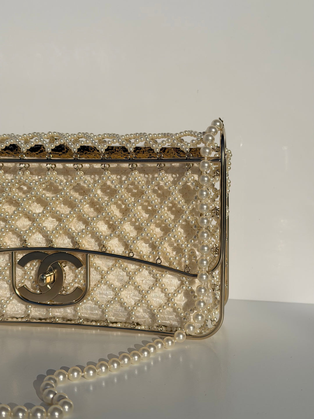 Chanel 2014 Pearl Embellished Caged Flap Minaudière Bag