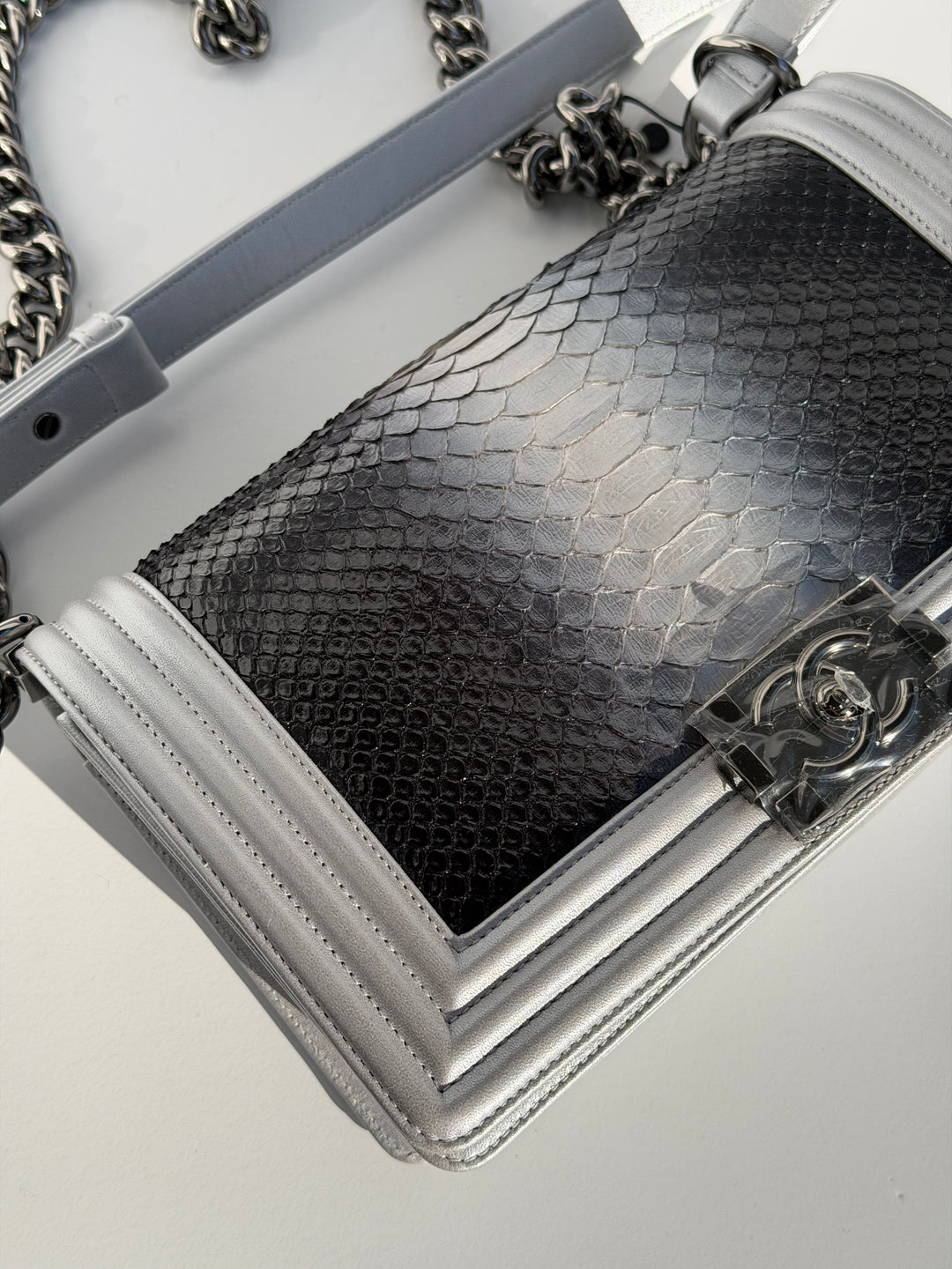 Chanel 16K Silver Python Old Medium Boy Bag