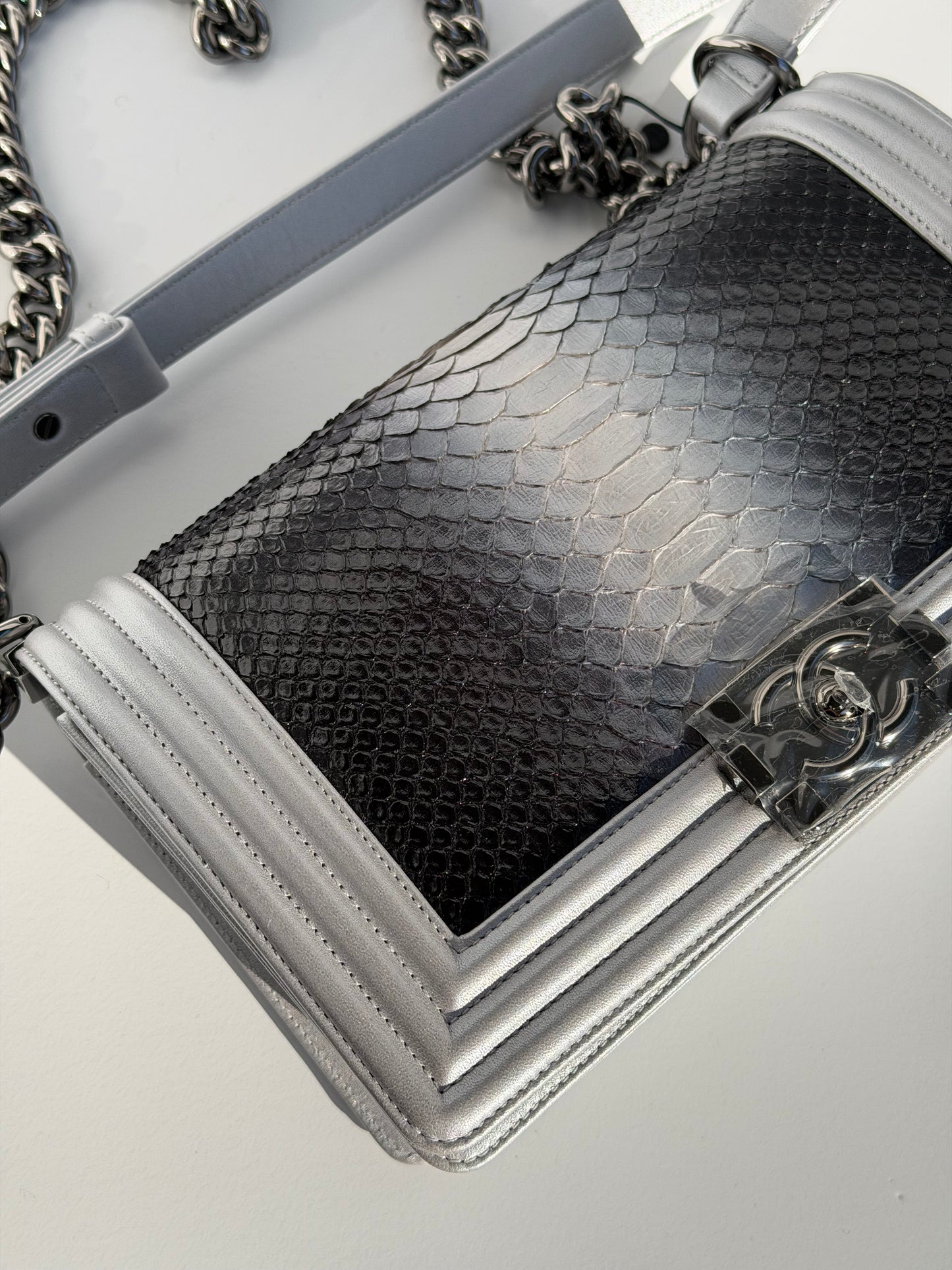 Chanel 16K Silver Python Old Medium Boy Bag