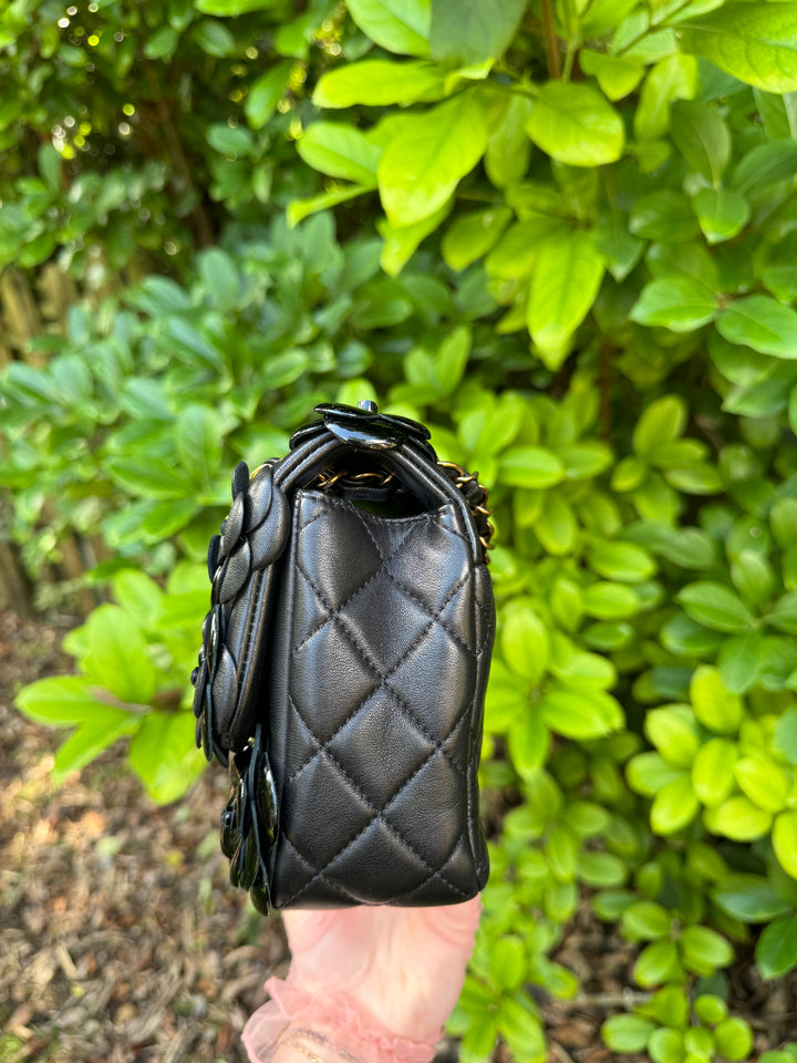 Chanel Black Lambskin Camellia Rose Appliqué Medium Flap Bag