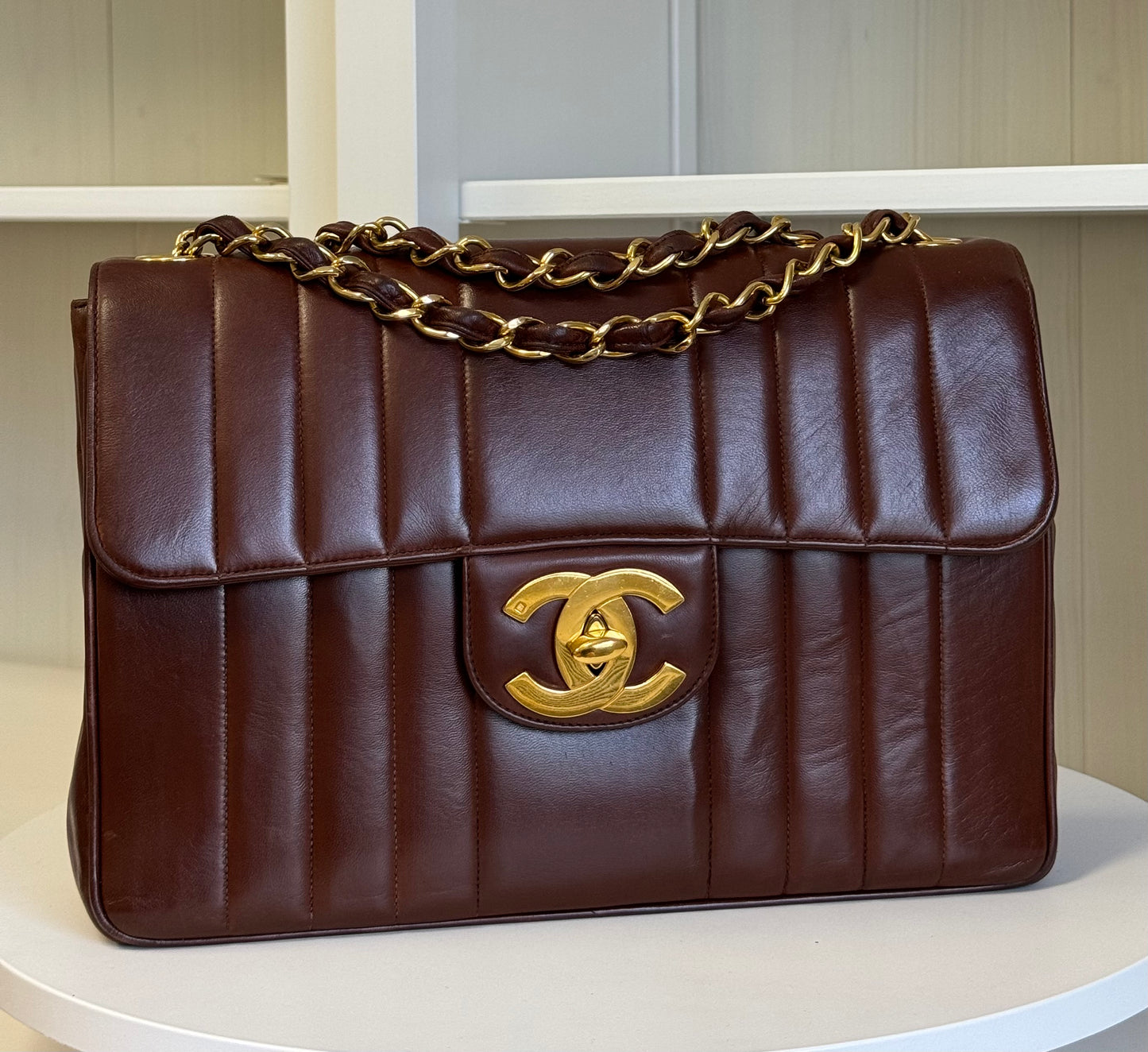 Chanel Brown Vintage Lambskin Vertical Quilt Jumbo Flap