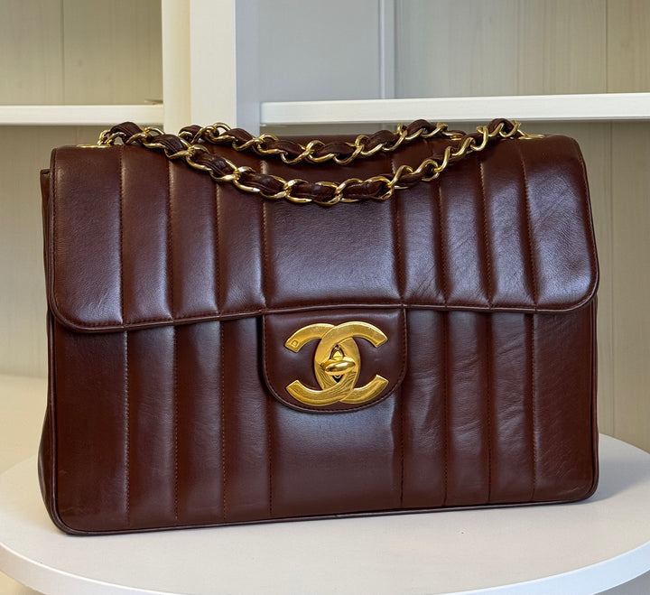 Chanel Brown Vintage Lambskin Vertical Quilt Jumbo Flap