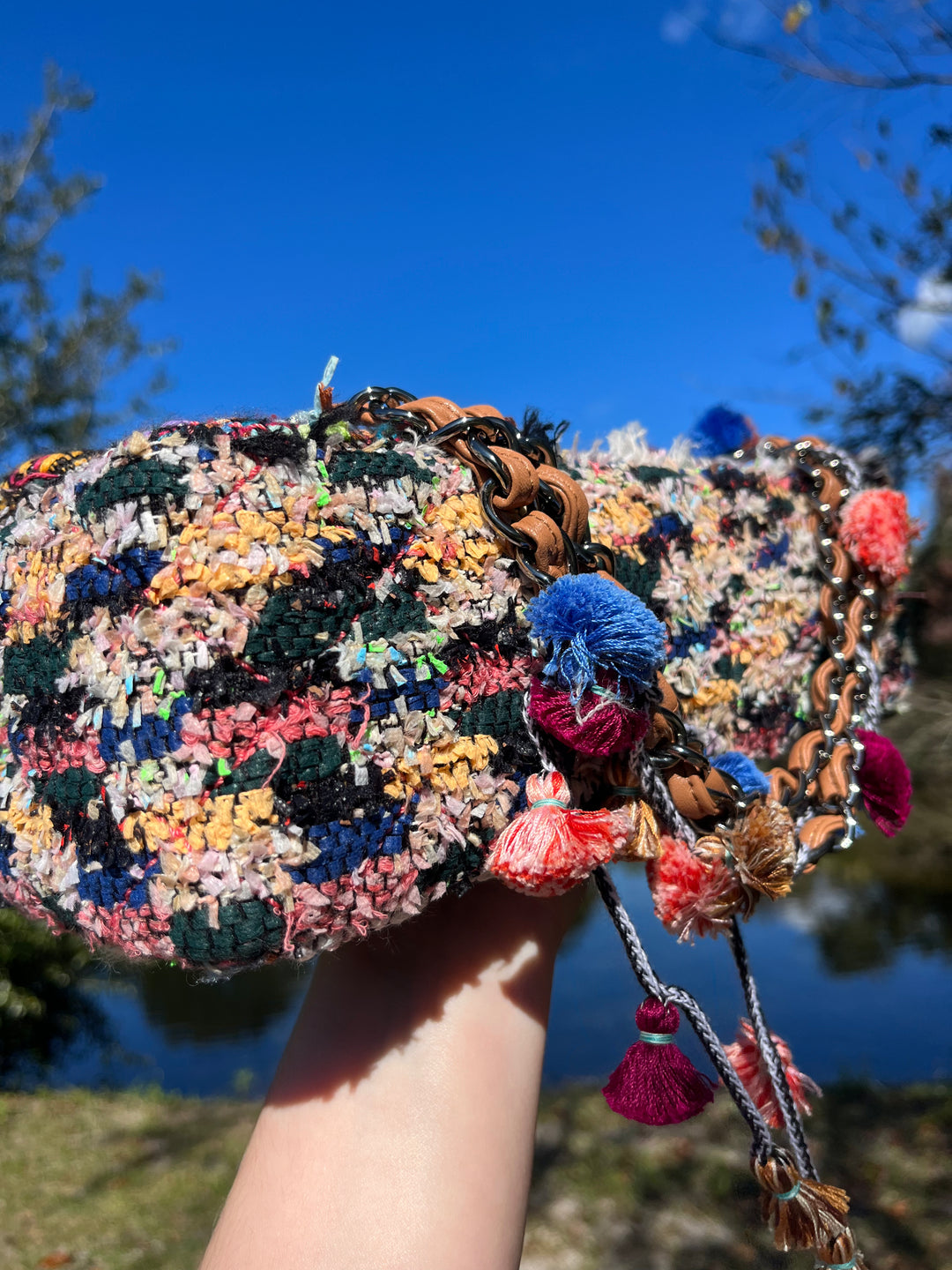 Chanel Jumbo Multicolor Tweed Pom Pom Flap