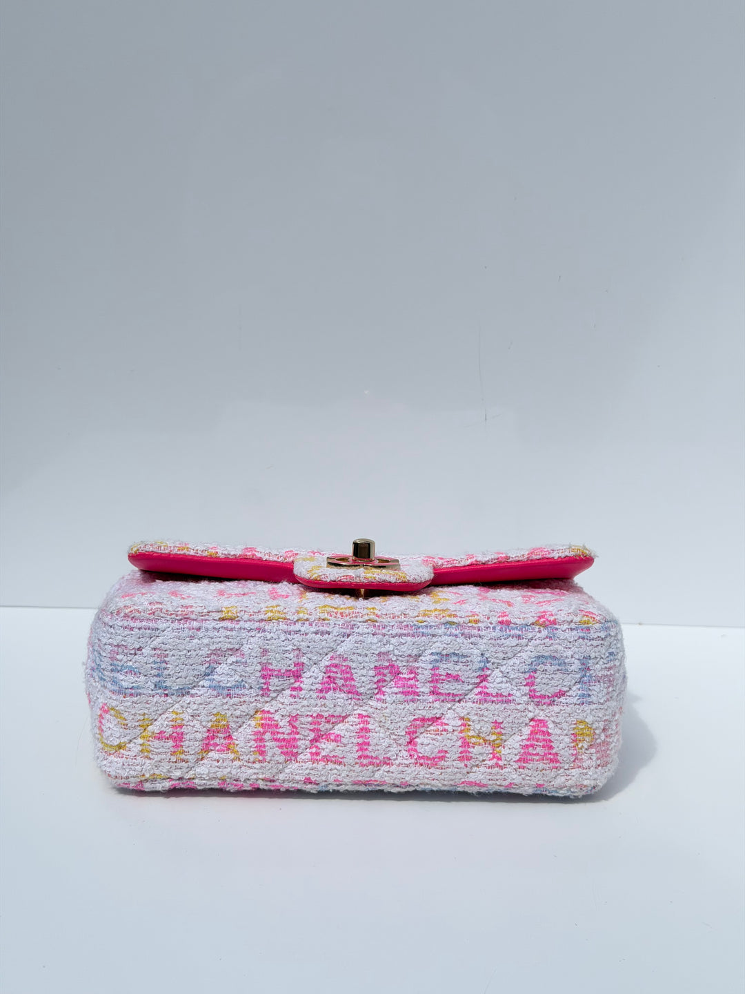 Chanel Mini Rectangular Classic Flap Bag Multicolor Logo Tweed Light Gold Hardware 2024