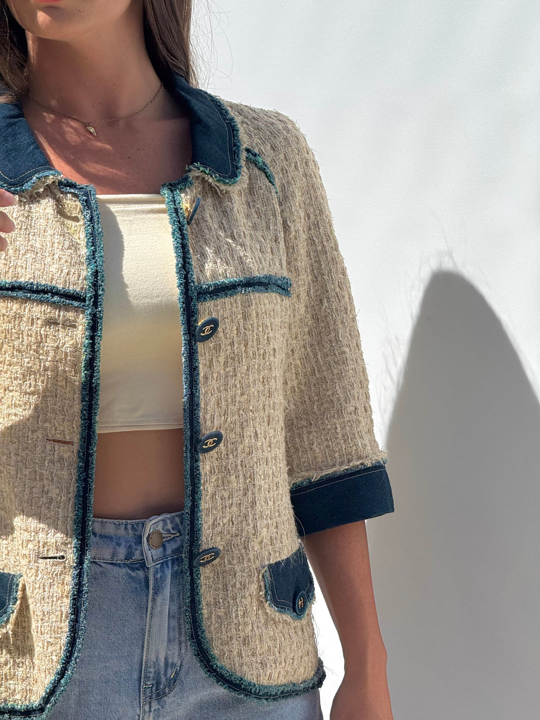 Chanel 2007 Spring Ecru & Denim Trim CC Jacket