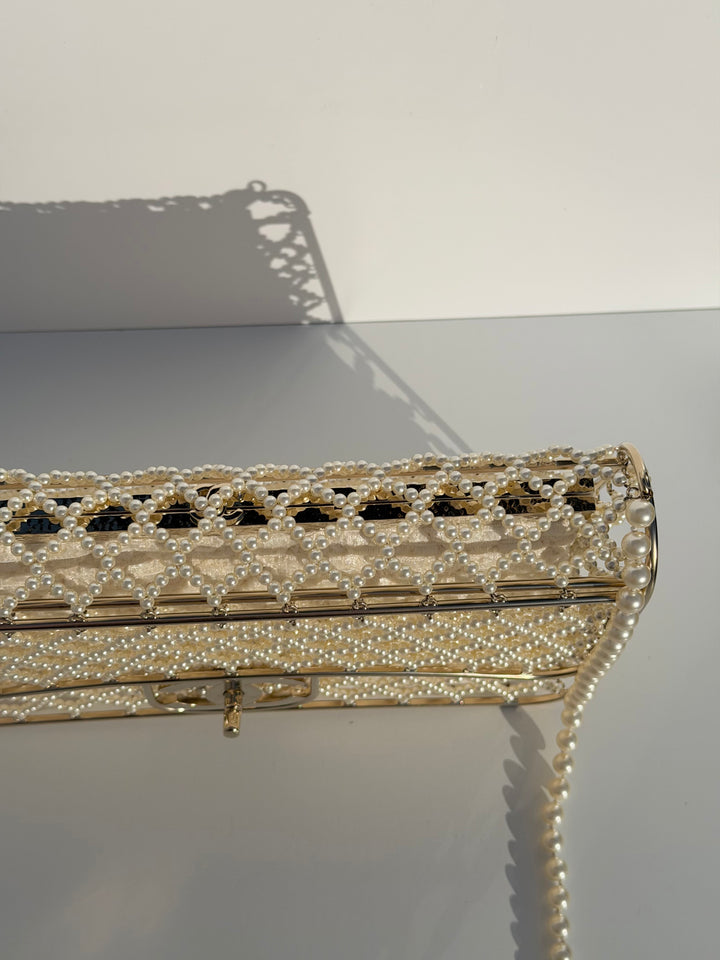 Chanel 2014 Pearl Embellished Caged Flap Minaudière Bag