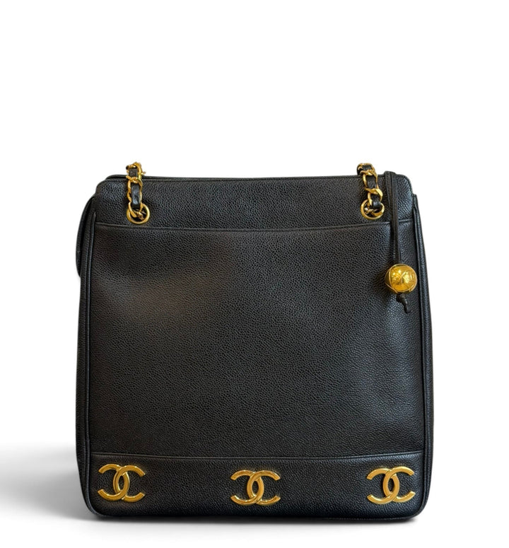 Chanel Black Caviar Triple Coco CC Tote Bag 24K Gold Plated Hardware 1994