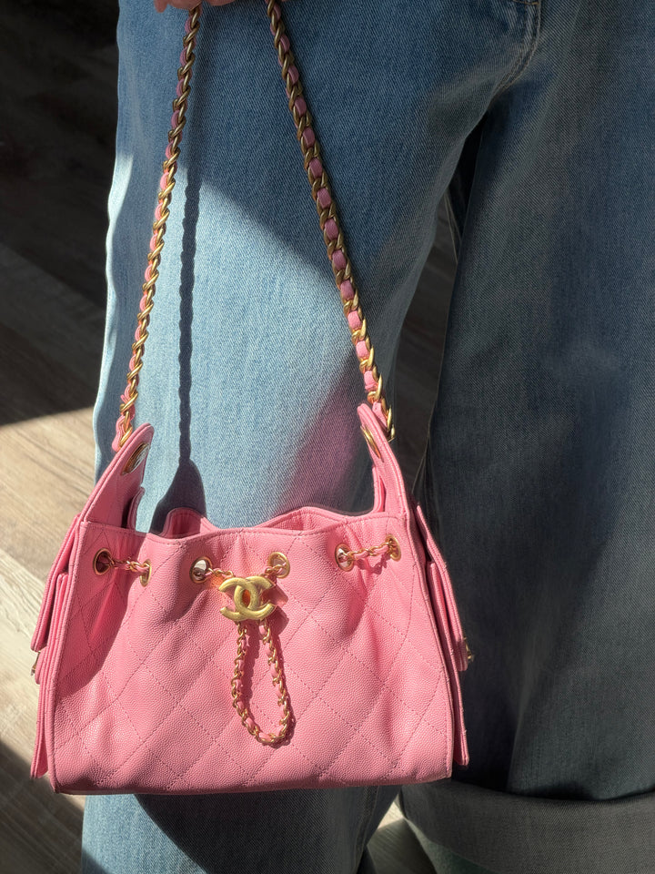 Chanel Mini 25 Hobo Bag Caviar Leather Bubblegum Pink Antique Gold Hardware 2026