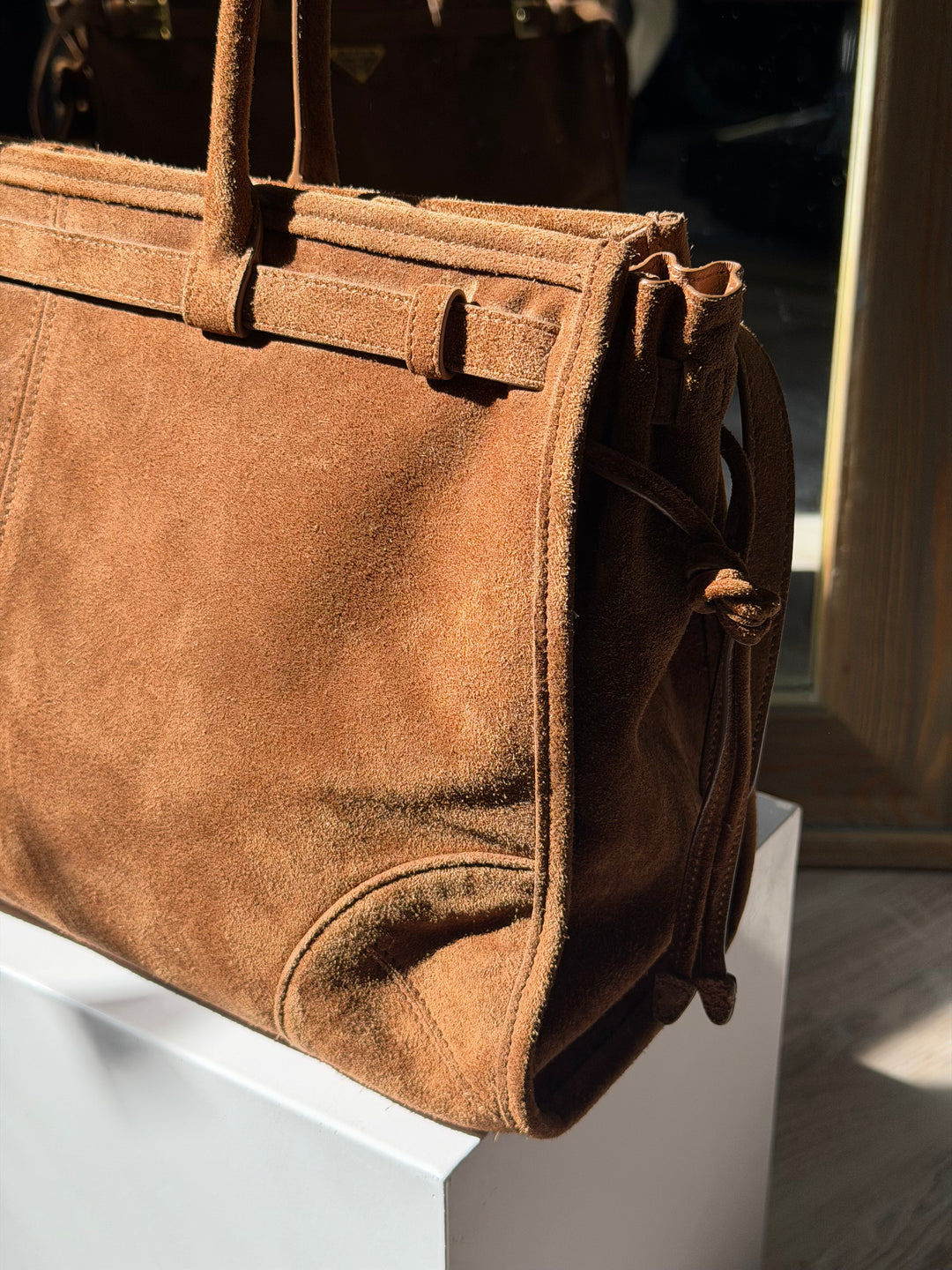 Prada Bonnie Large Tote Bag Cacao Suede Gold Tone Hardware