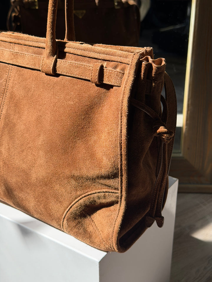 Prada Bonnie Large Tote Bag Cacao Suede Gold Tone Hardware