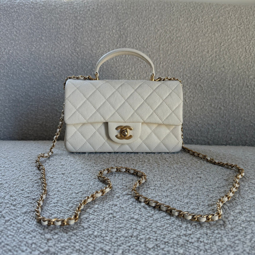 Chanel Mini Top Handle Flap Ivory Caviar Matte Gold Hardware 2021