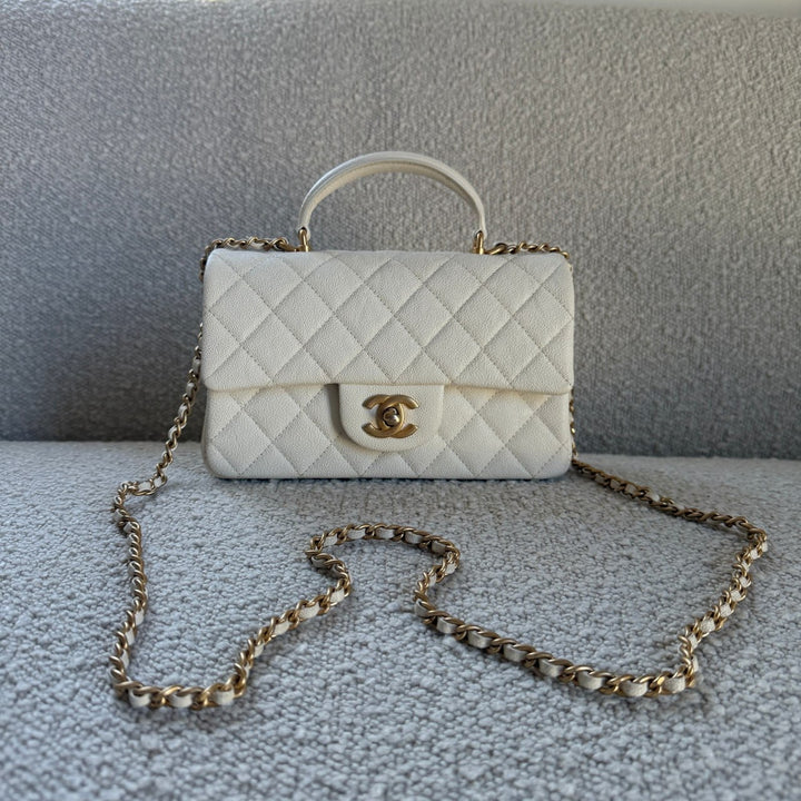 Chanel Mini Top Handle Flap Ivory Caviar Matte Gold Hardware 2021