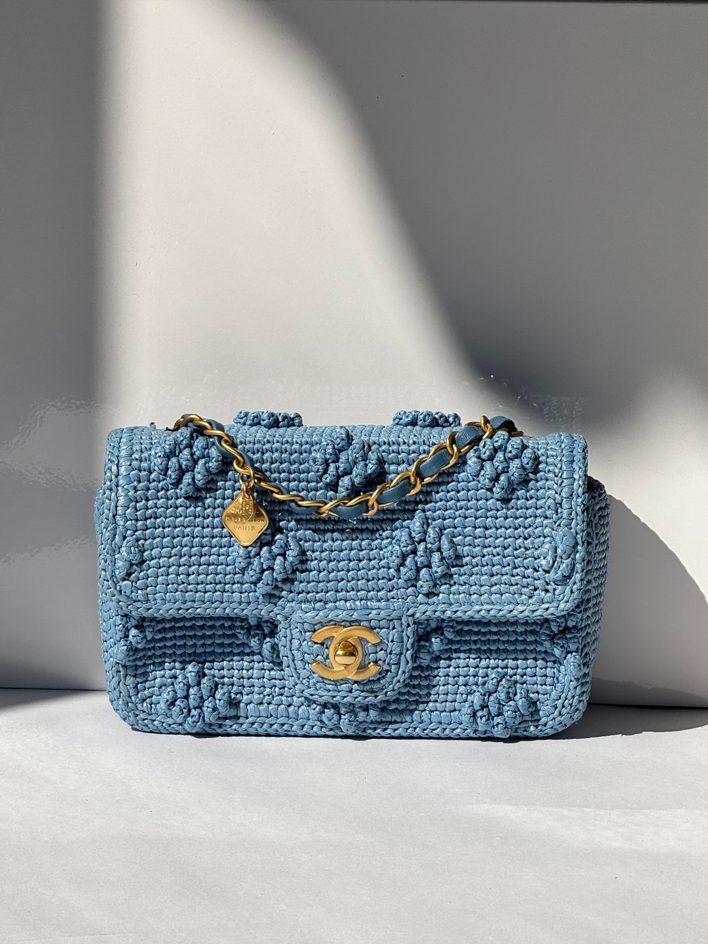 Chanel 24P Blue Braided Raffia Mini Flap Bag