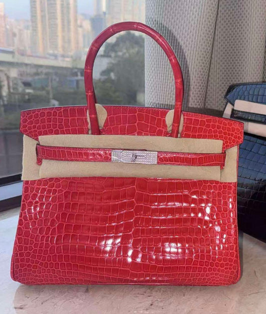 Hermes White Gold Diamond Geranium Crocodile Birkin 30