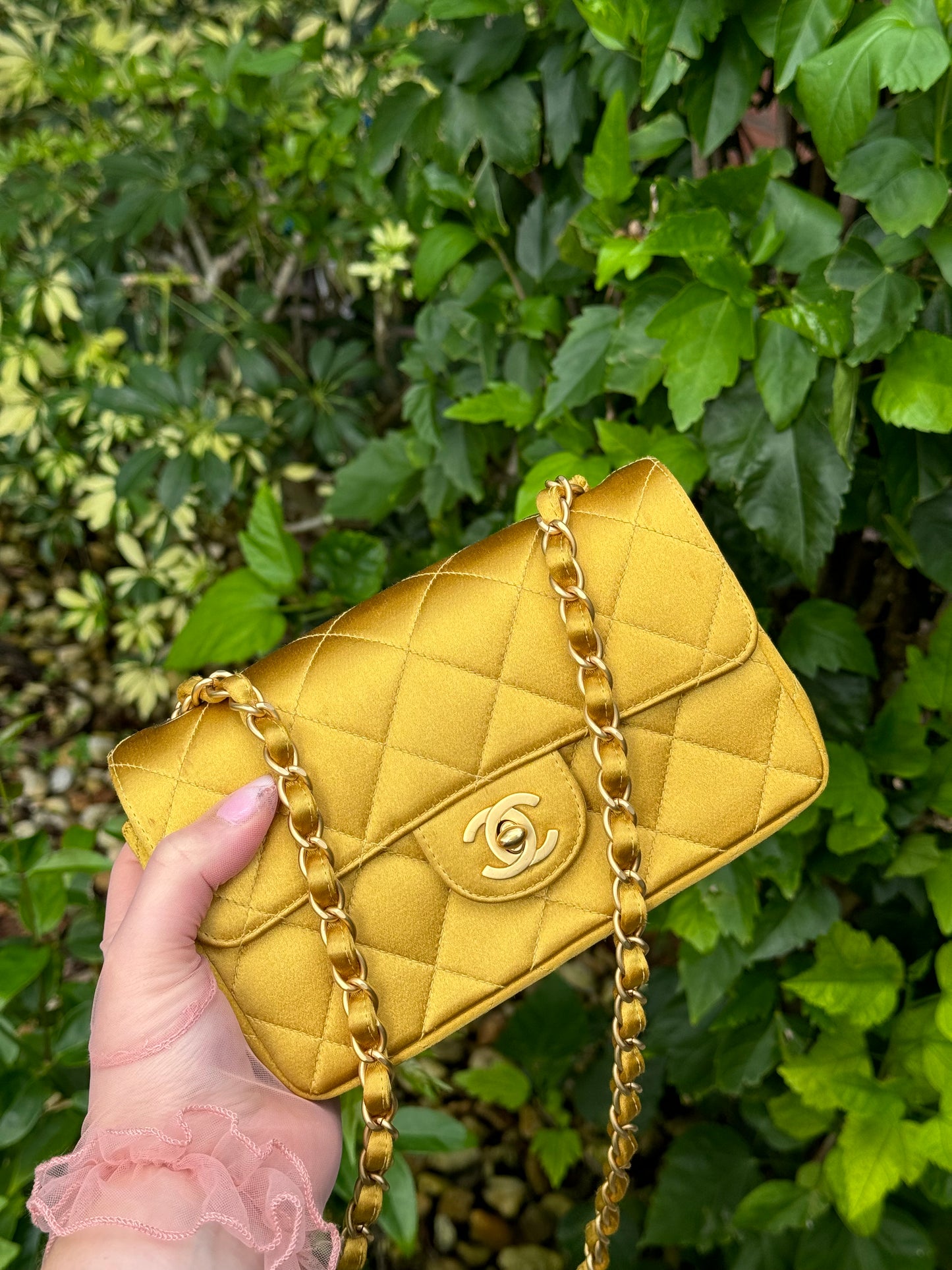 Chanel Gold Satin Mini Rectangle Flap