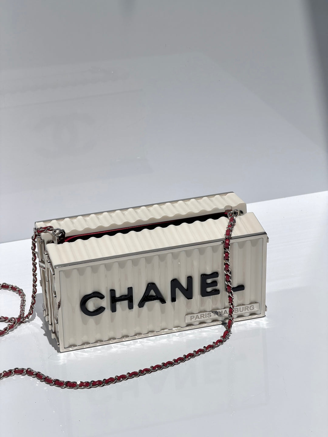 Chanel Shipping Container Bag Lucite White Silver Hardware 2018