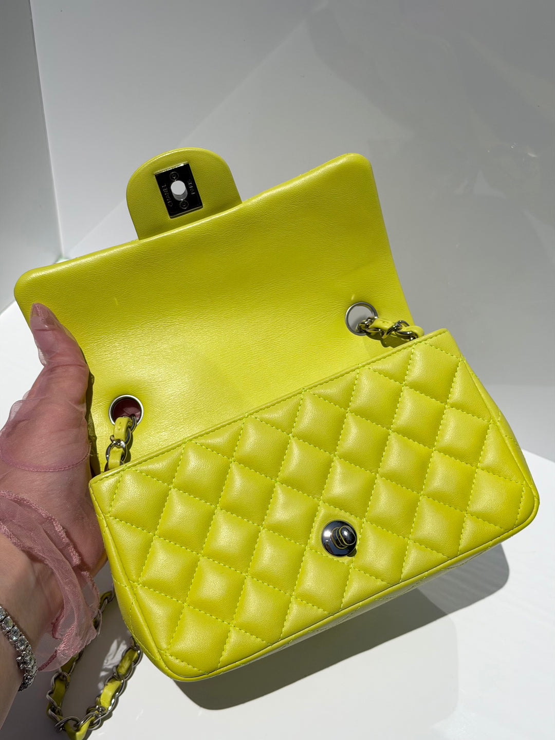 Chanel 21S Mini Classic Flap Lambskin Yellow Silver Hardware