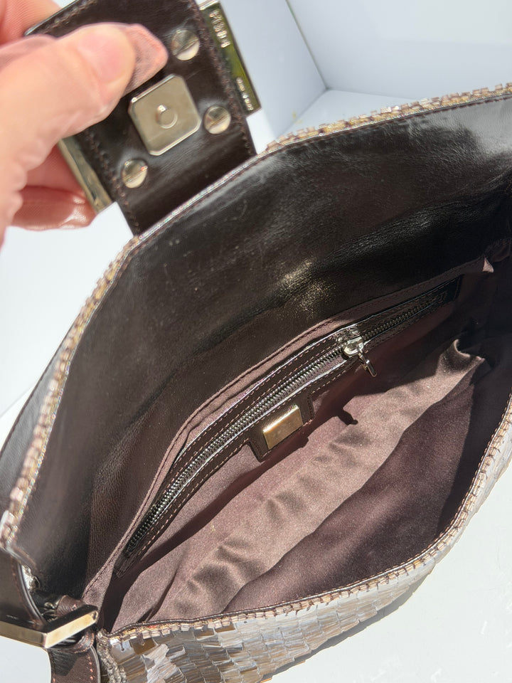 Fendi Brown Sequin Zucca FF Baguette Silver Hardware