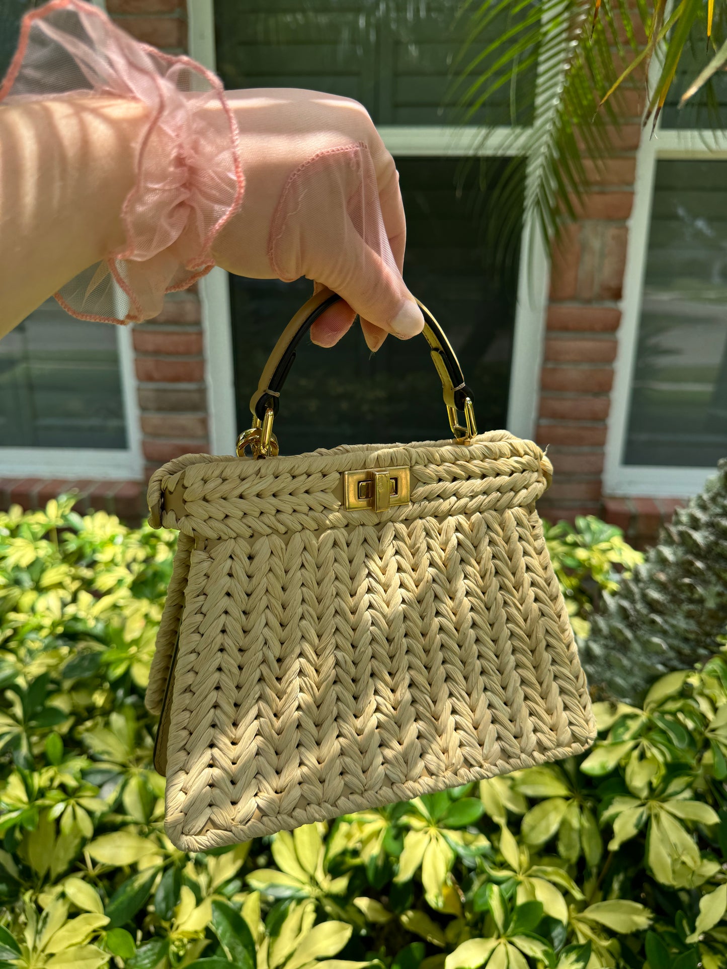 Fendi Peekaboo ISeeU Petite Sand Raffia Bag + Fendi Charm