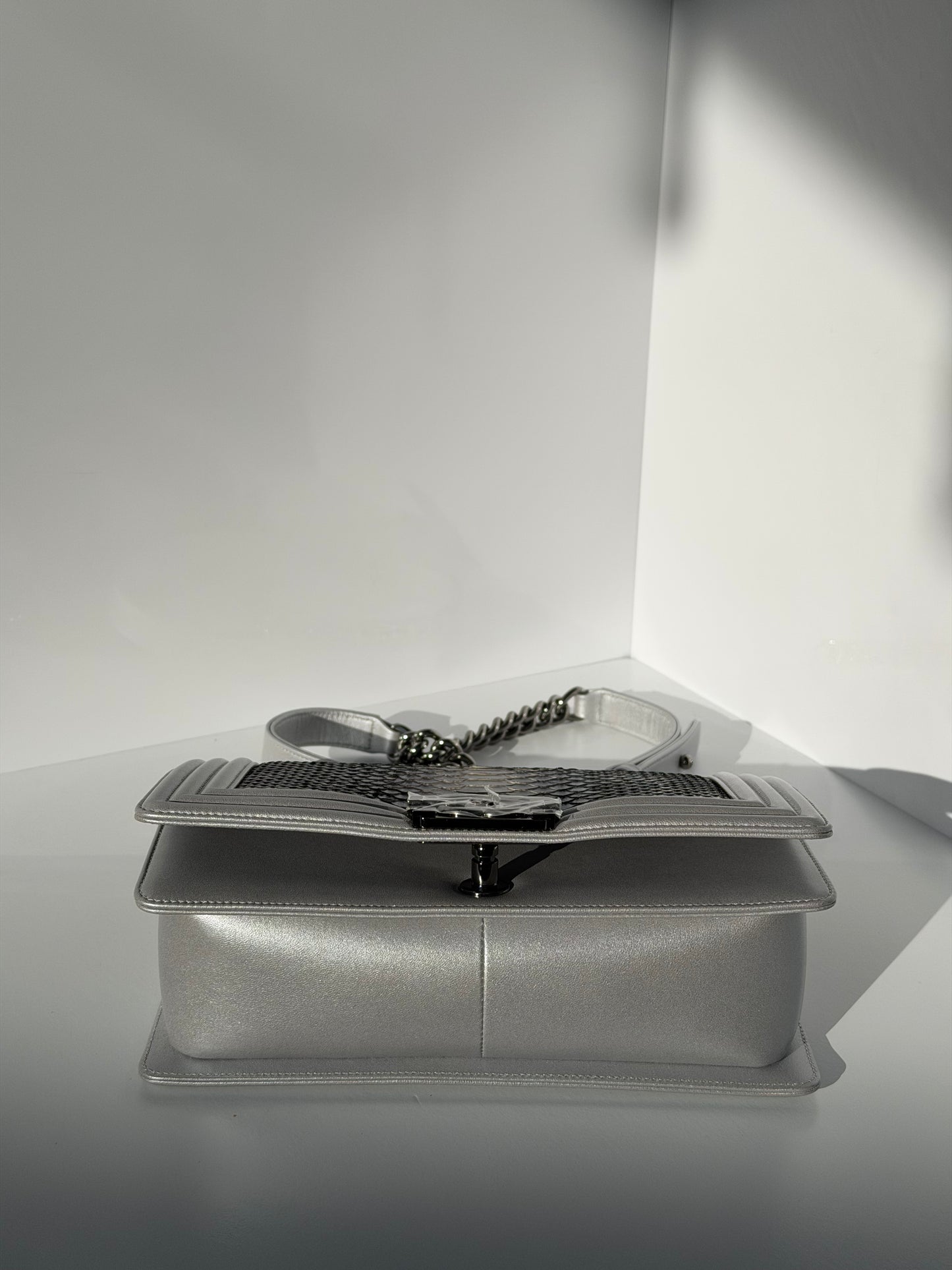 Chanel 16K Silver Python Old Medium Boy Bag