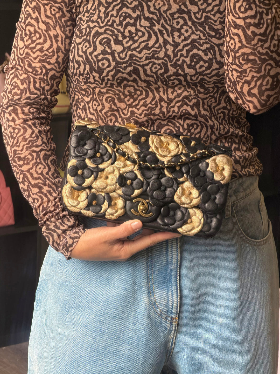 Chanel Metallic Gold and Black Lambskin Camellia Rose Appliqué Medium Flap Bag