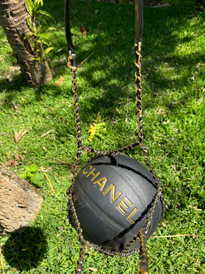 Chanel 2019 Black Rubber Basketball and Black Calfskin Net Chain