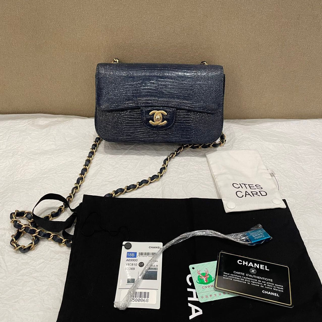 Chanel Navy Blue Lizard Mini Flap Brushed Gold Hardware 2018