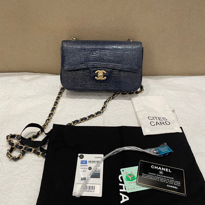 Chanel Navy Blue Lizard Mini Flap Brushed Gold Hardware 2018