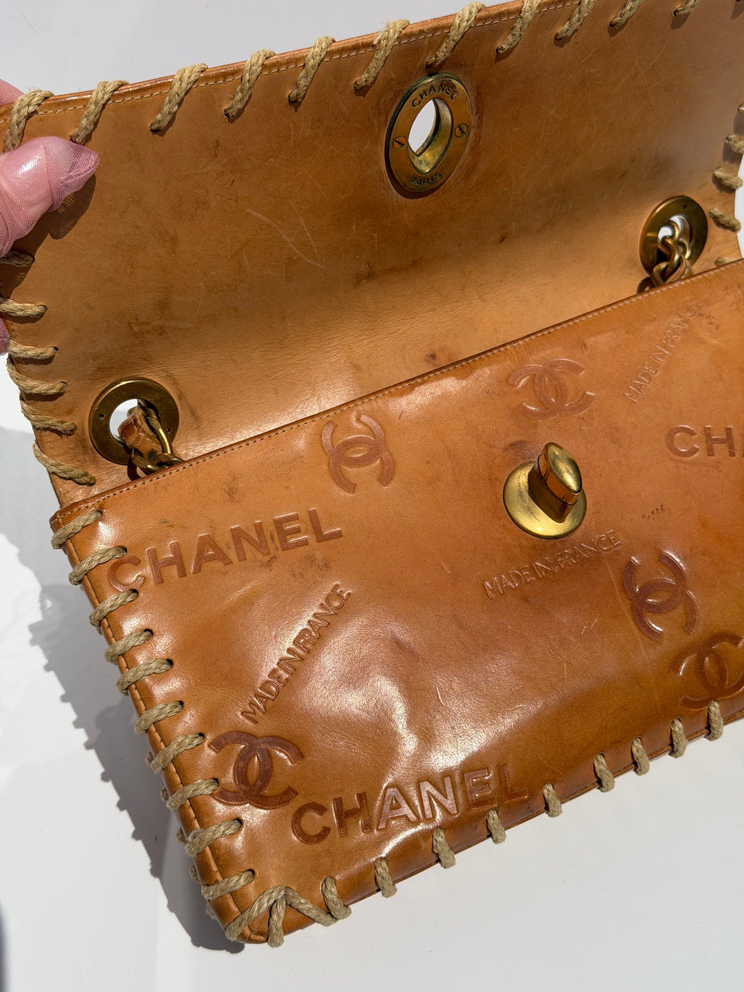 Chanel Half Flap Bag Tan Debossed Logo Calfskin Whipstitched Gold Hardware 1994
