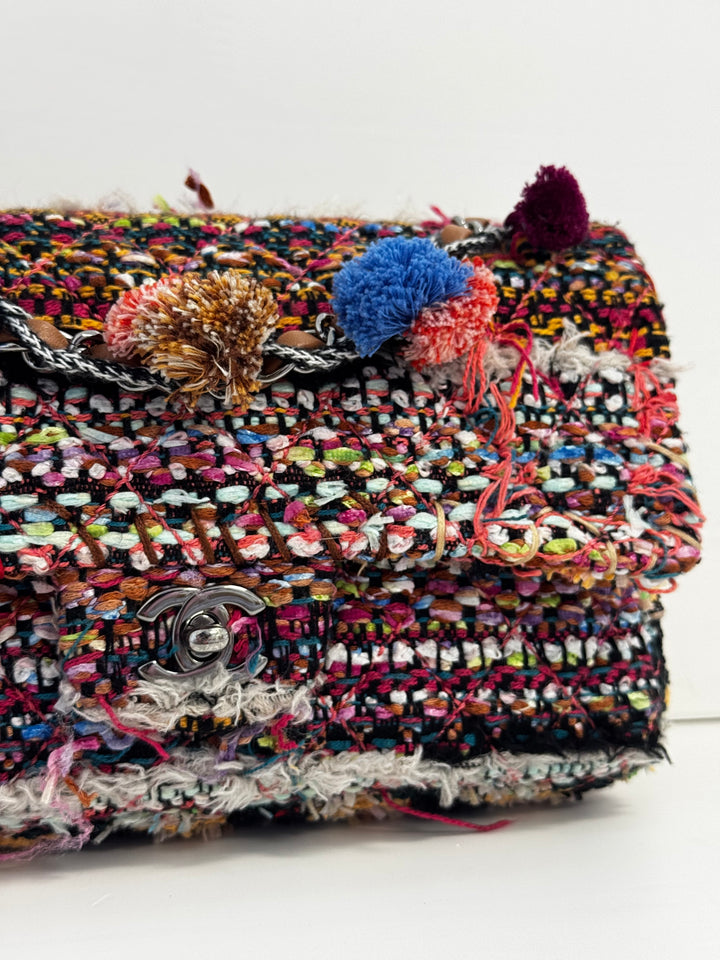 Chanel Medium Multicolor Tweed Pom Pom Flap
