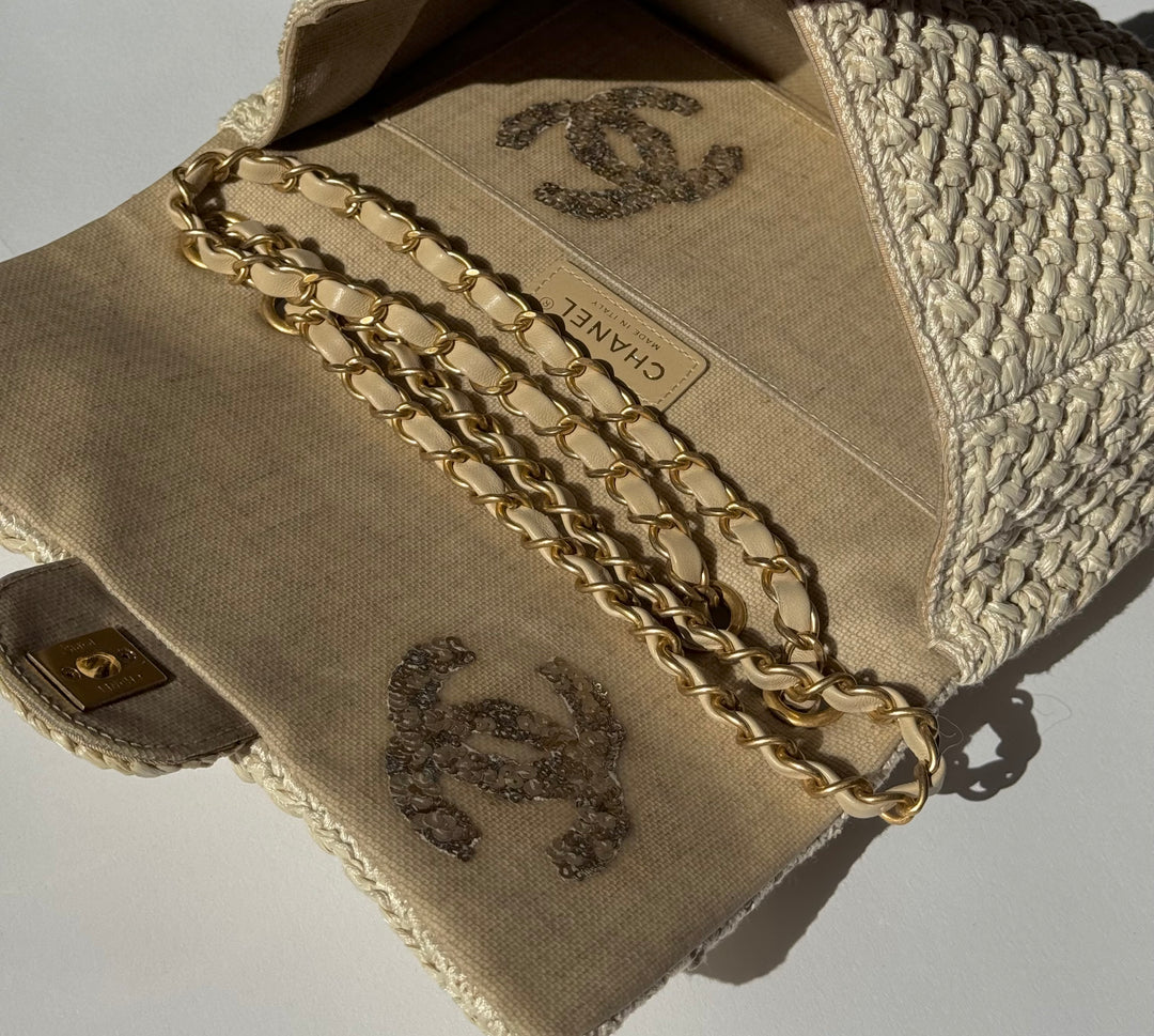 Chanel Raffia Crochet Flap Tan Matte Gold Hardware 18C