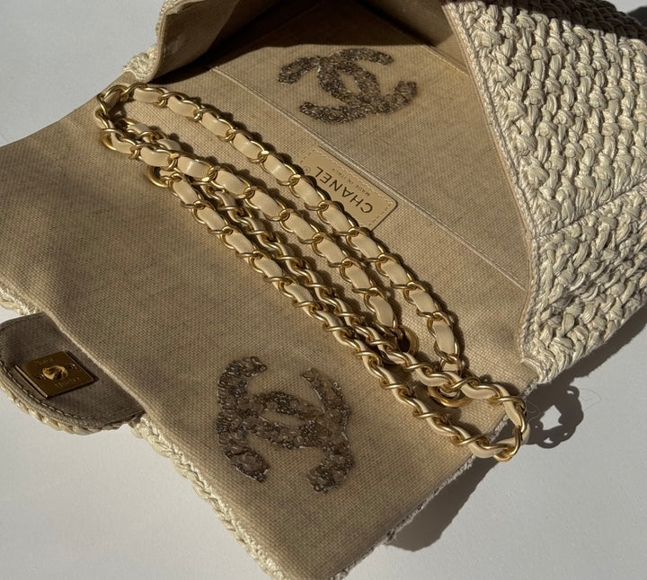 Chanel Raffia Crochet Flap Tan Matte Gold Hardware 18C