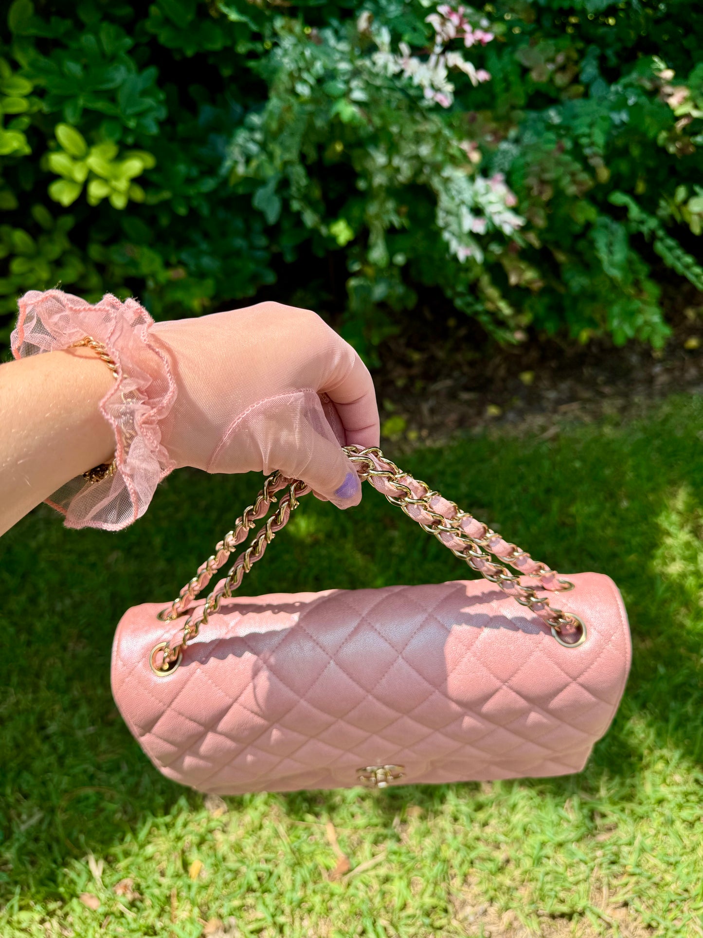 Chanel 19S Pink Iridescent Jumbo Caviar Double Flap Bag