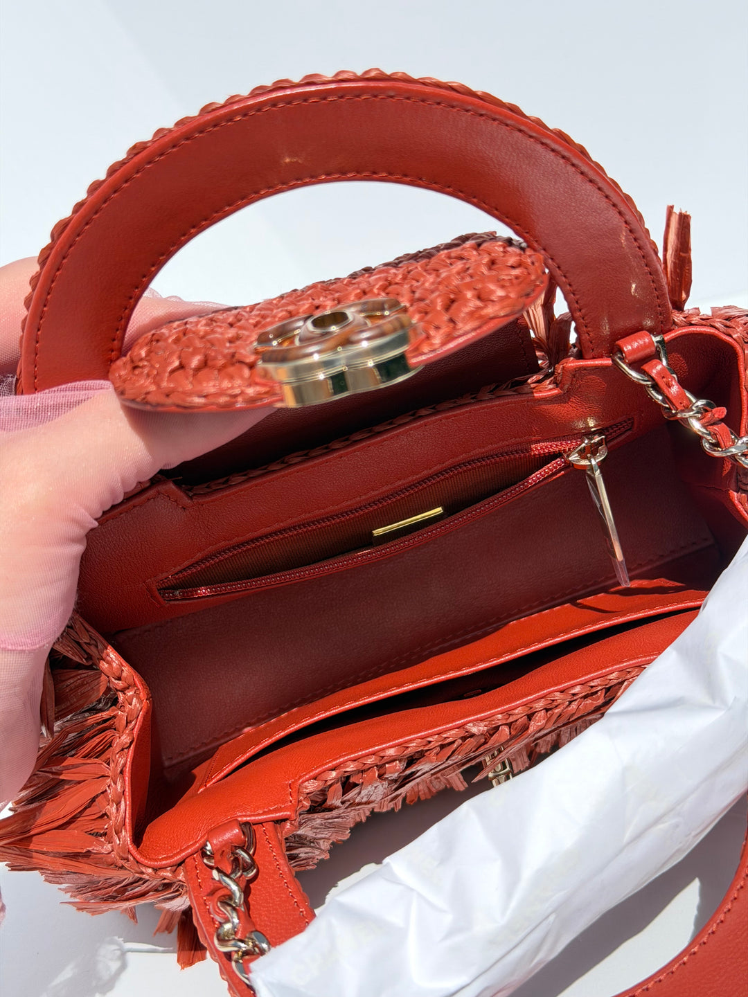 Chanel Mini Shopping Bag Fringed Raffia Effect Fabric Rust Gold Tone Metal 2026