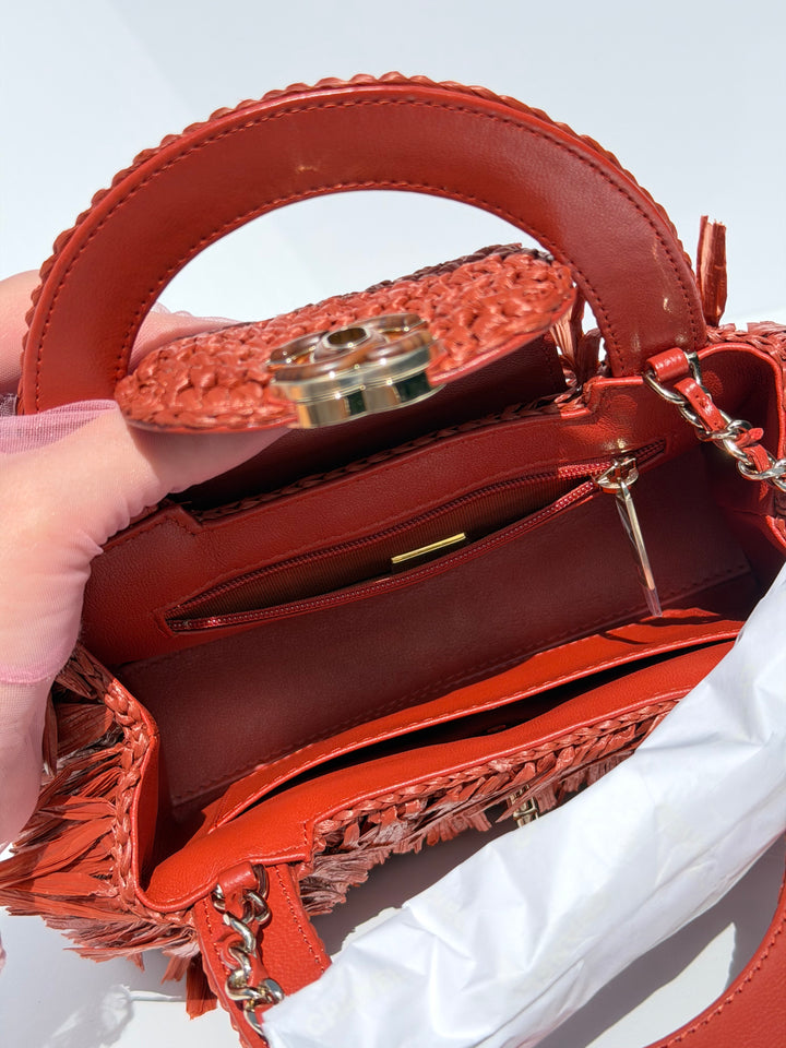 Chanel Mini Shopping Bag Fringed Raffia Effect Fabric Rust Gold Tone Metal 2026