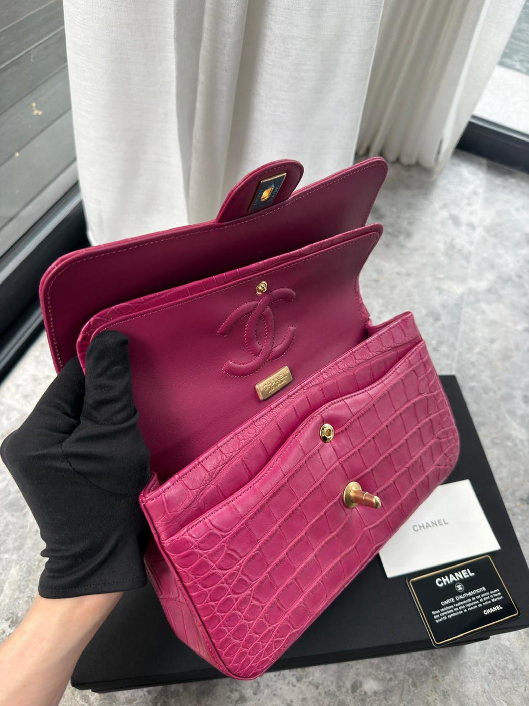 Chanel Medium Classic Flap Bag Matte Alligator Pink Brushed Gold Hardware 2018