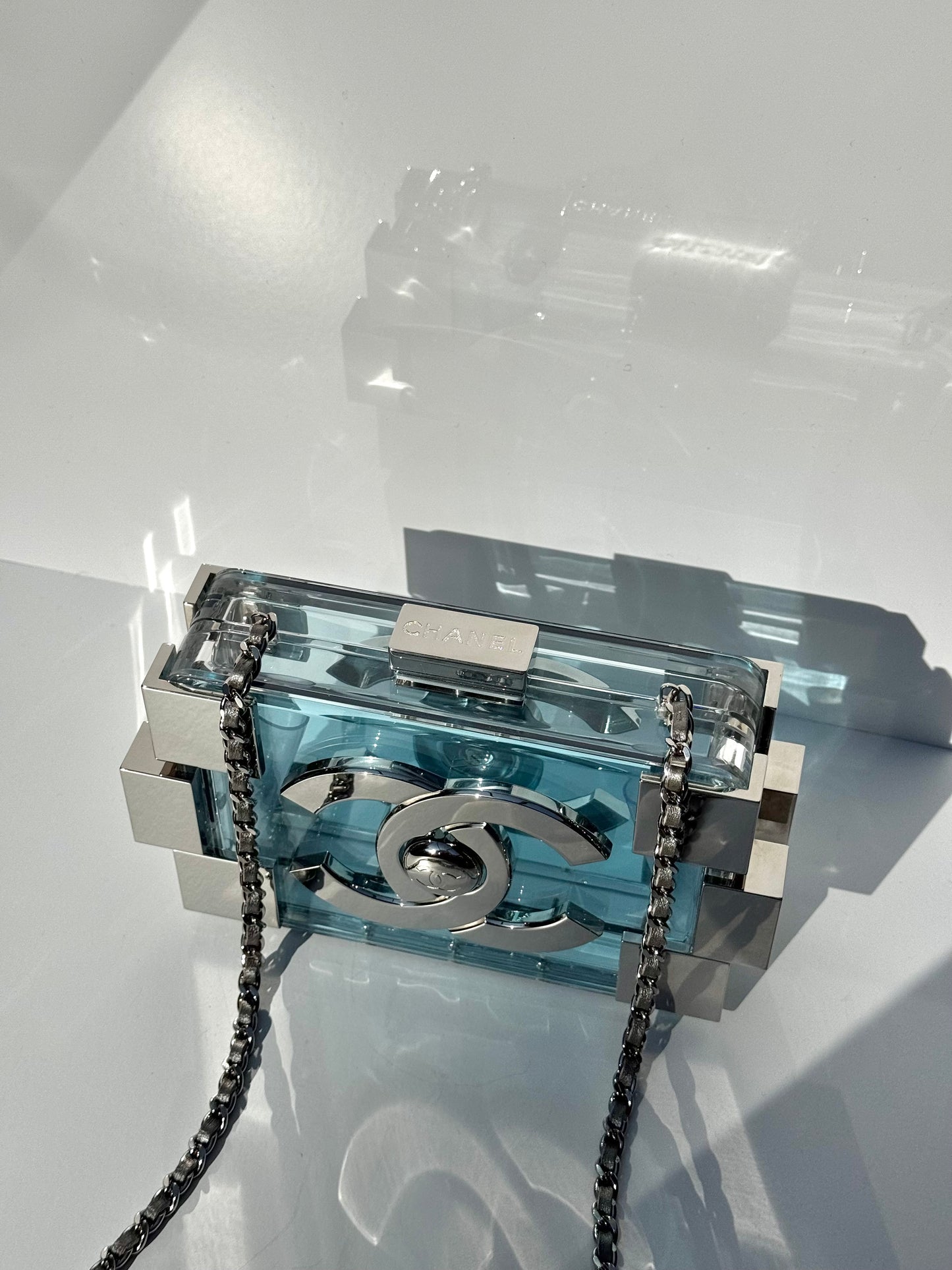 Chanel Plexiglass Blue & Silver Barcode Lego Minaudiere