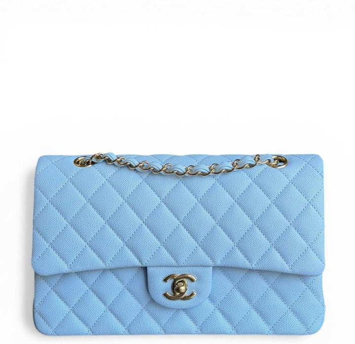 Chanel Medium Classic Double Flap Caviar Light Blue Light Gold Hardware 2023