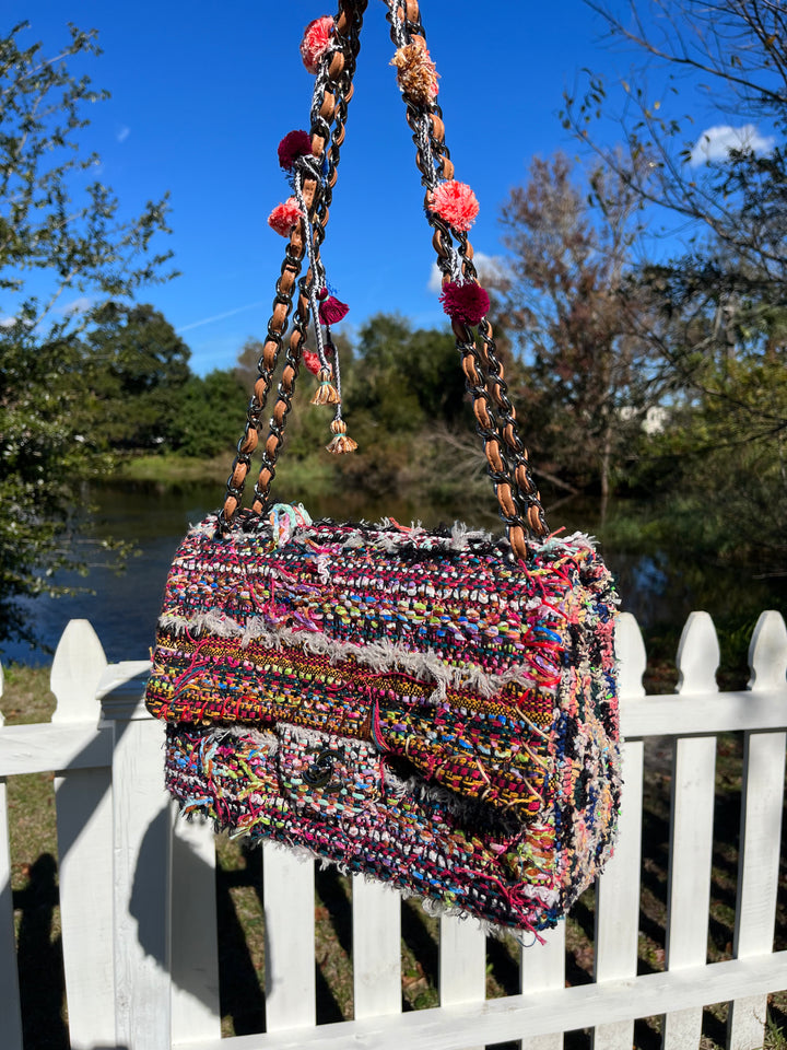 Chanel Jumbo Multicolor Tweed Pom Pom Flap