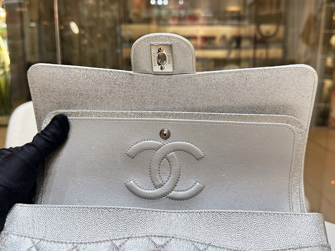 Chanel 21K Medium Flap Bag Silver Metallic Caviar Leather Silver Tone Hardware 2021