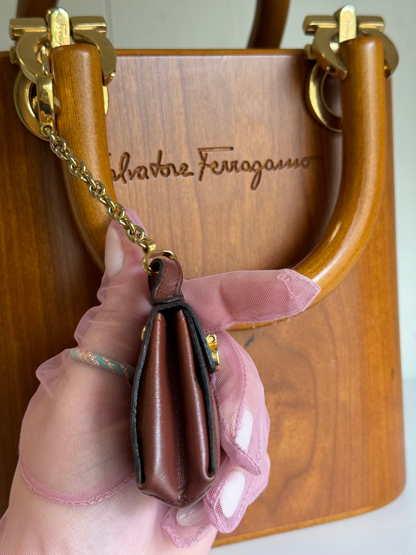 Salvatore Ferragamo Vintage Gancini Wooden Bucket Bag + Coin Pouch