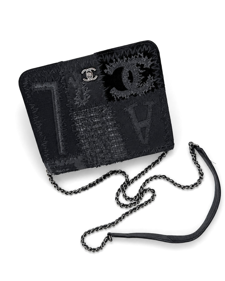 Chanel Black Mixed Media Patchwork Square Wallet on Chain Silver Hardware 2018