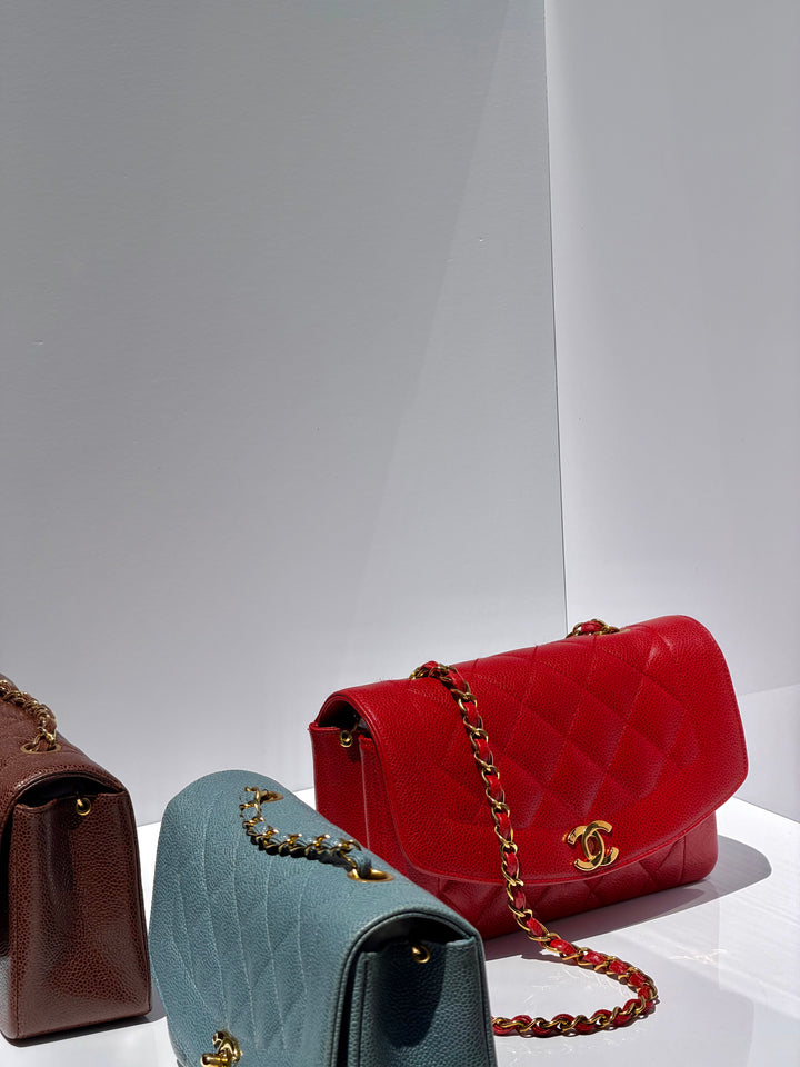 Chanel Small Diana Flap Bag Caviar Red 24K Plated Gold Hardware 1994