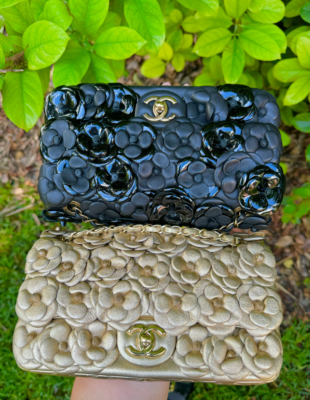 Chanel Black Lambskin Camellia Rose Appliqué Medium Flap Bag