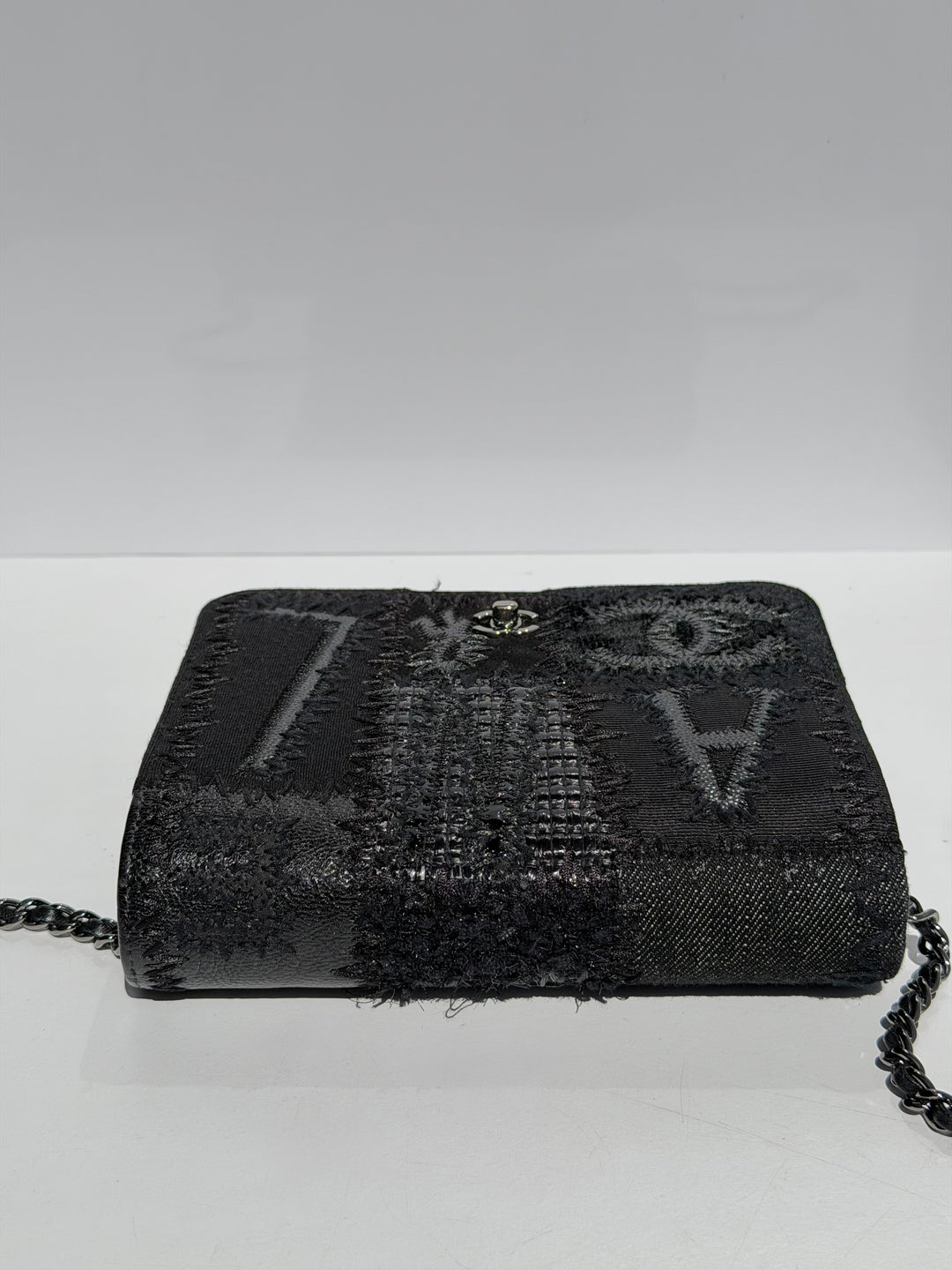 Chanel Black Mixed Media Patchwork Square Wallet on Chain Silver Hardware 2018