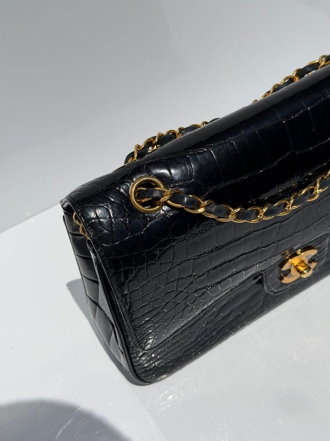 Chanel Medium Classic Flap Bag Alligator Black 24K Plated Gold Hardware 1997