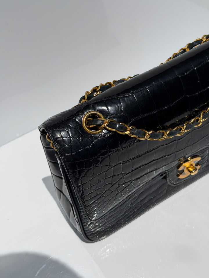 Chanel Medium Classic Flap Bag Alligator Black 24K Plated Gold Hardware 1997