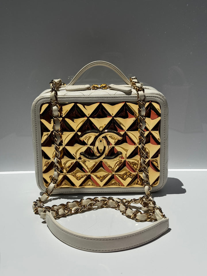 Chanel 21K Small White Lambskin Golden Plate Vanity Case